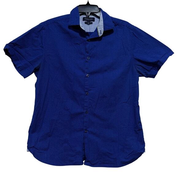 Denim & Flower Shirt Mens Large Blue Slim Fit Stretch Short Sleeve Micro Dot - Picture 1 of 7
